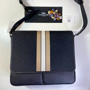 NWT COACH Thompson Map Bag Jacquard With Varsity Stripe Black Leather Snap C5387